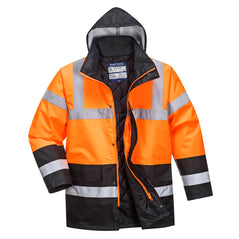 Yellow Hi vis traffic jacket with two waist bands and arm bands. Pop button and zip fasten with waist pockets and visible hood. Black contrast on the bottom of the arms and body.