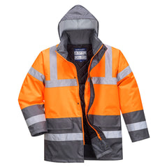 Yellow Hi vis traffic jacket with two waist bands and arm bands. Pop button and zip fasten with waist pockets and visible hood. Grey contrast on the bottom of the arms and body.