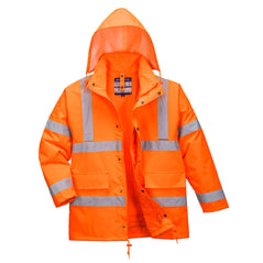 Orange Hi vis four in one contrast traffic jacket with two waist bands and shoulder bands. Zip and Pop button fasten with waist pockets and visible hood. 