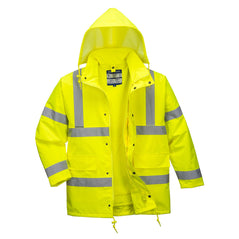 Yellow Hi vis four in one contrast traffic jacket with two waist bands and shoulder bands. Zip and Pop button fasten with waist pockets and visible hood. 