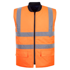 Orange Hi vis body-warmer with two waist bands and shoulder bands. Zip fasten and waist pockets.