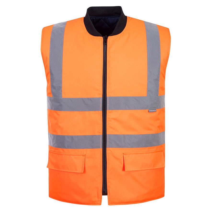 Orange Hi vis body-warmer with two waist bands and shoulder bands. Zip fasten and waist pockets.