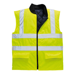 Yellow Hi vis body-warmer with two waist bands and shoulder bands. Zip fasten and waist pockets.