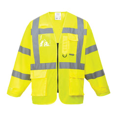 Yellow hi vis executive vest jacket with zip fasten, waist pockets, chest pocket with pen holder and D ring, ID badge holder and hi vis bands across the body, shoulders and arms.