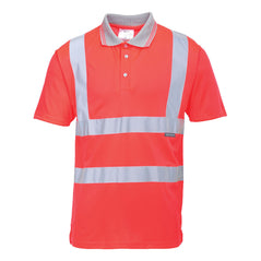 Red hi vis polo shirt with short sleeves and grey collar. Hi vis  bands on the shirt and shoulders.