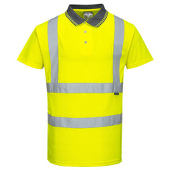 Yellow hi vis polo shirt with short sleeves and grey collar. Hi vis  bands on the shirt and shoulders.