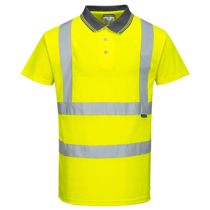 Yellow hi vis polo shirt with short sleeves and grey collar. Hi vis  bands on the shirt and shoulders.