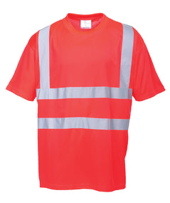 Portwest Hi-Vis T-Shirt in red with short sleeves, crew neck and reflective strips on shoulders and across body.