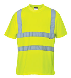 Portwest Hi-Vis T-Shirt in yellow with short sleeves, crew neck and reflective strips on shoulders and across body.