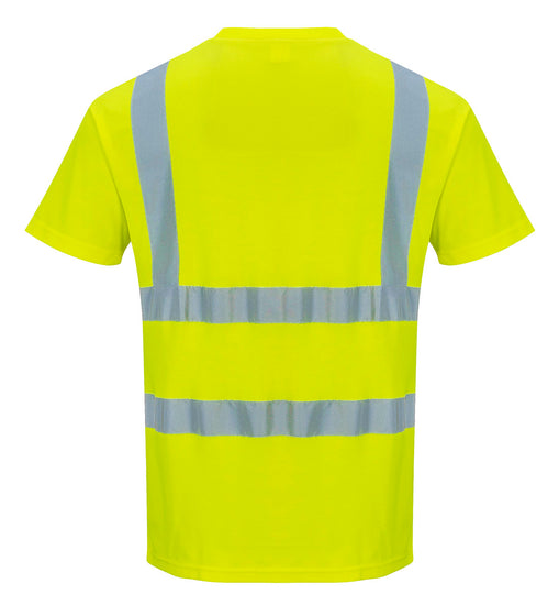 Back of Portwest Hi-Vis T-Shirt in yellow with short sleeves and reflective strips on shoulders and across body.
