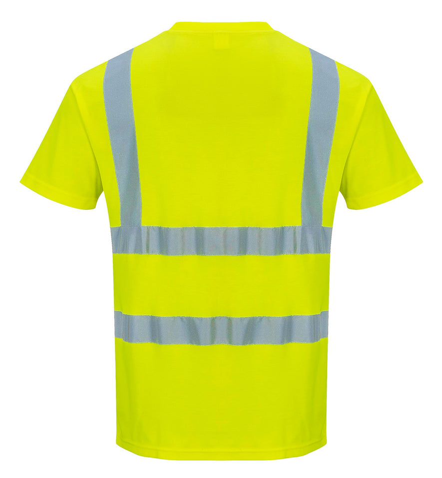 Back of Portwest Hi-Vis T-Shirt in yellow with short sleeves and reflective strips on shoulders and across body.