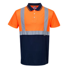 Portwest Hi Vis Two tone Orange and navy long sleeve Polo Shirt. Polo has navy contrast on the bottom of the shirt and Collar. Shirt has hi vis bands across the waist and shoulders.