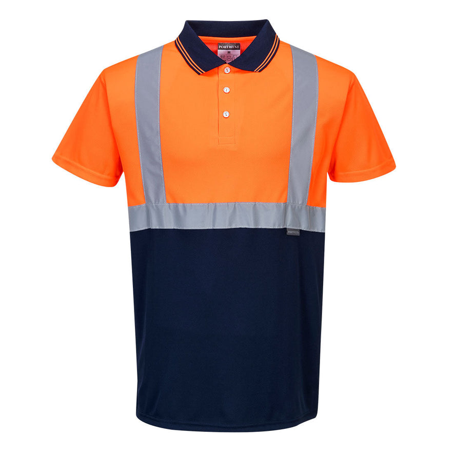 Portwest Hi Vis Two tone Orange and navy long sleeve Polo Shirt. Polo has navy contrast on the bottom of the shirt and Collar. Shirt has hi vis bands across the waist and shoulders.