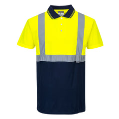 Portwest Hi Vis Two tone Yellow and navy long sleeve Polo Shirt. Polo has navy contrast on the bottom of the shirt and Collar. Shirt has hi vis bands across the waist and shoulders.