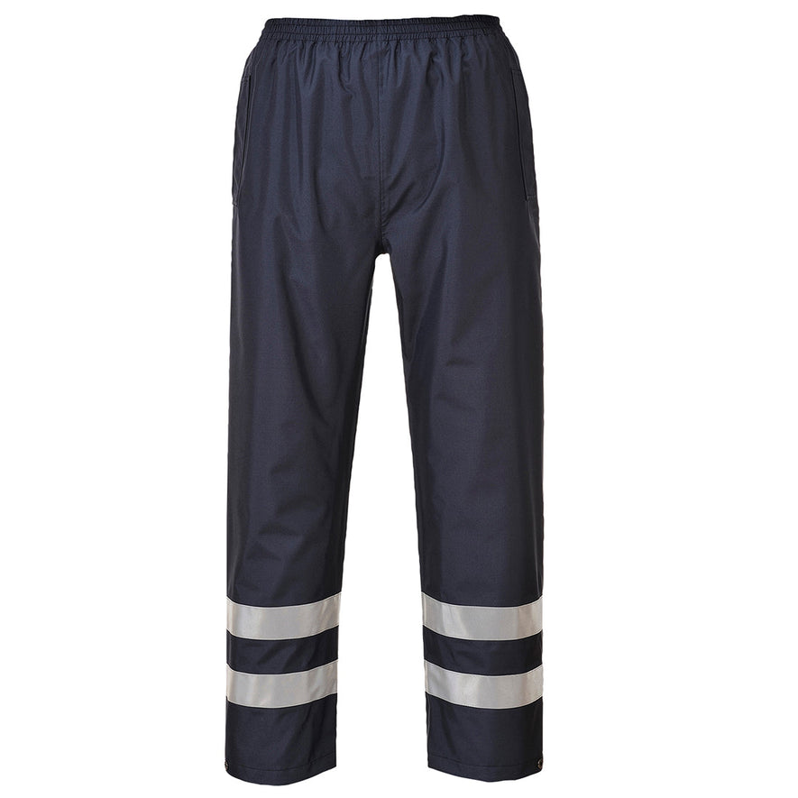 Navy Hi vis over trousers Trousers have two hi vis bands and elasticated waist for tightening.