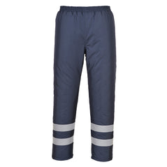 Navy Hi vis over trousers Trousers have two hi vis bands and elasticated waist for tightening.