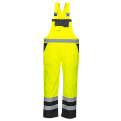 Yellow Hi vis bib and brace with black contrast on the bottom of the legs and top of pockets. Has side pockets a large chest pocket and shoulder bands.