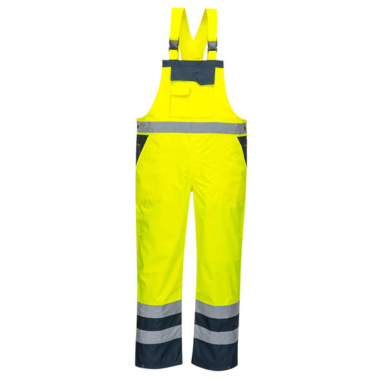 Yellow Hi vis bib and brace with navy contrast on the bottom of the legs and top of pockets. Has side pockets a large chest pocket and shoulder bands.