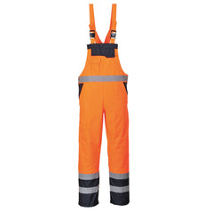 Orange Hi vis bib and brace with navy contrast on the bottom of the legs and top of pockets. Has side pockets a large chest pocket and shoulder bands.