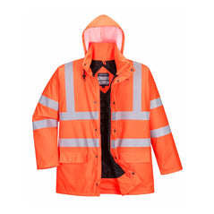 Orange Portwest Sealtex Ultra Hi vis lined jacket. Jacket has Hi vis strips along the waist arms and shoulders. Visible hood and two lower pockets.