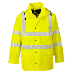 Yellow Portwest Sealtex Ultra Hi vis lined jacket. Jacket has Hi vis strips along the waist arms and shoulders. Visible hood and two lower pockets.