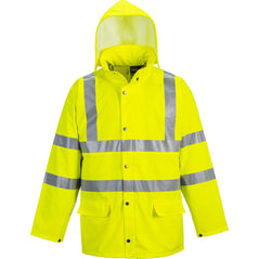 Yellow Portwest Sealtex Ultra Hi vis unlined jacket. Jacket has Hi vis strips along the waist arms and shoulders. Visible hood and two lower pockets.