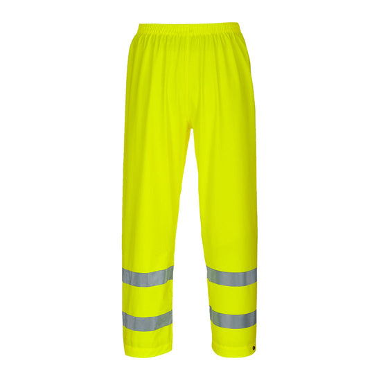 Yellow Portwest Sealtex Ultra Hi vis Trousers. Trousers have elasticated waist, hi vis bands around the ankles and side pockets.