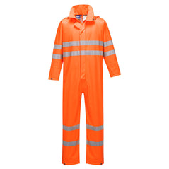 Orange Portwest Sealtex Ultra Hi Vis coverall. Coverall has zip fasten and hi vis strips on the ankles, waist and arms.