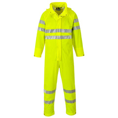 Yellow Portwest Sealtex Ultra Hi Vis coverall. Coverall has zip fasten and hi vis strips on the ankles, waist and arms.