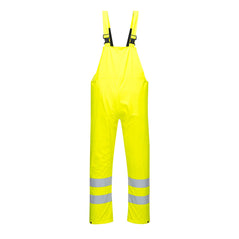 Yellow Portwest Sealtex Ultra Hi vis Bib and Brace. Bib and brace has yellow braces woth black clips ahi vis bands around the ankles and side pockets.