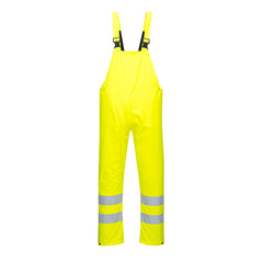 Yellow Portwest Sealtex Ultra Hi vis Bib and Brace. Bib and brace has yellow braces woth black clips ahi vis bands around the ankles and side pockets.