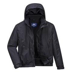 Black calais bomber jacket with hood, zip side pockets and zip fasten.