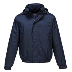 Navy calais bomber jacket with hood, zip side pockets and zip fasten.