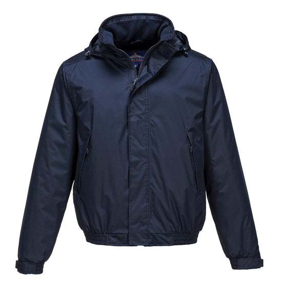 Navy calais bomber jacket with hood, zip side pockets and zip fasten.