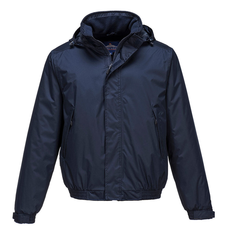 Navy calais bomber jacket with hood, zip side pockets and zip fasten.