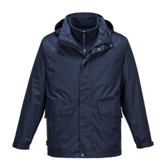 Navy jacket with a hood, two side pockets and zip fasten.