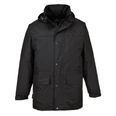 Black Portwest Oban fleece lined rain jacket. Jacket has zip and pop button fasten, side pockets and hood to keep the rain out.