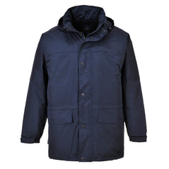 Navy Portwest Oban fleece lined rain jacket. Jacket has zip and pop button fasten, side pockets and hood to keep the rain out.
