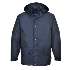 Navy jacket with a hood, two side pockets and pop button fasten.