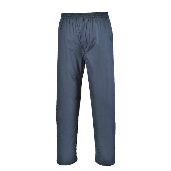 Navy waterproof trousers with elasticated waistband for fastening 