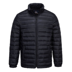 Black padded jacket with zip fasten and side pockets.