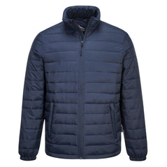 Navy padded jacket with zip fasten and side pockets.