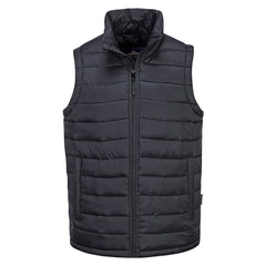 Black padded bodywarmer with zip fasten and side pockets.