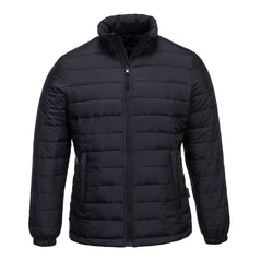 Black ladies padded jacket with zip fasten and side pockets.