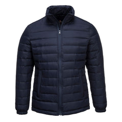 Navy ladies padded jacket with zip fasten and side pockets.