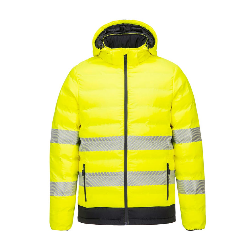 Yellow Hi-Vis Ultrasonic Heated Tunnel Jacket with black waist and refelctive trims on middle and hood