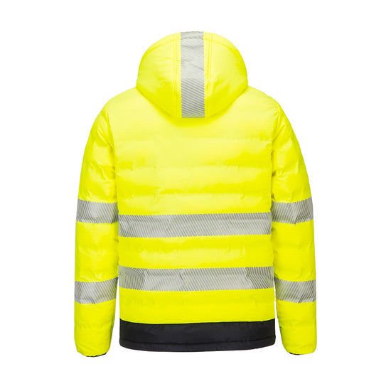 Yellow Hi-Vis Ultrasonic Heated Tunnel Jacket with black waist and refelctive trims on middle and hood