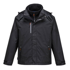 Black portwest radial three in one jacket. Jacket has a fleece zip out inner and zip pockets on the sides and chest. Jacket also has a visible hood.