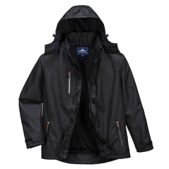 Black Portwest Outcoach jacket. Jacket has full zip fasten, a hood for weatherproofing, and zip pockets on the lower of the jacket.