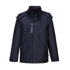 Navy Portwest Outcoach jacket. Jacket has full zip fasten, a hood for weatherproofing, and zip pockets on the lower of the jacket.